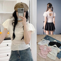Áo ren hoa tay bồng hở lưng sau có dây buộc