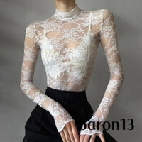 Áo Ren Hoa Tay Dài Cổ Cao Xuyên Thấu