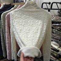 Áo Ren Lưới Cổ Lọ Dày Dặn Lót Lông Cừu Bên Trong Thời Trang Mùa Đông Cho Nữ