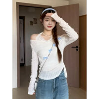 áo ren lưới tim cổ yếm trễ vai mix nơ xanh (2382#)