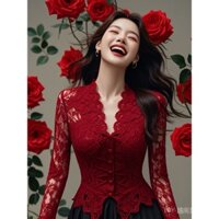 Áo ren màu đỏ sang trọng áo sơ mi nhỏ ôm dáng phối bên trong phong cách tây thời trang kiểu Pháp dài tay khí chất áo mặc trong năm mới