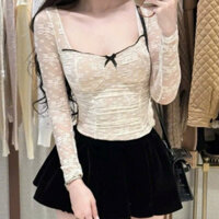 Áo REN Nữ Cổ Chữ U Phối Nơ Hoa Nổi Dáng ÔM BODY (Có Đệm Ngực) ADT009