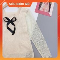 ÁO REN NỮ DÀI TAY MÀU BE CỔ PHỐI NƠ ĐEN - Váy HOT HIT ANHStore