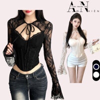 Áo ren nữ tay dài cổ tròn khoét ngực phối dây cột cổ sexy, Áo kiểu nữ tay loe cúp ngực dáng ôm body phong cách tiểu thư