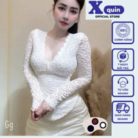 Áo ren nữ tay dài cổ V vạt bầu dáng dài Xquin, Áo kiểu nữ tay dài dáng ôm body chất vải ren phong cách sexy