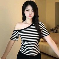 áo rớt vai Áo thun kẻ sọc ngắn tay trễ vai kiểu Pháp kiểu Hàn Quốc cỡ lớn dành cho nữ áo trễ vai phong cách thuần khiết tôn dáng mẫu mới mùa hè cho nữ
