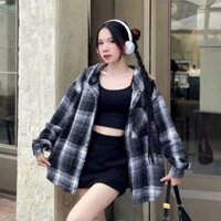 Áo sơ mi, Áo khoác ngoài kẻ caro dài tay có mũ form rộng, dáng dài rộng thoáng mát