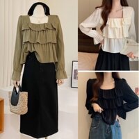 Áo sơ mi babydoll cổ vuông dài tay 3 tầng dáng croptop tiểu thư LACO101
