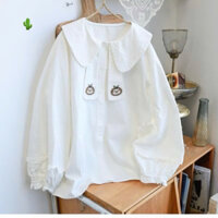 Áo Sơ Mi Babydoll Thêu Gấu Tay Phồng Cổ Sen Chất Kate