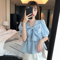 Áo sơ mi bán chạy [HHH] Áo voan mẫu ngắn cổ chữ V nơ bướm kiểu Tây mẫu mới mùa hè Áo phông cộc tay cỡ lớn rộng rãi phong cách Hàn Quốc cho nữ áo búp bê