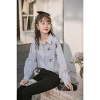 Áo sơ mi basic phối lưới đính nơ trẻ trung quyên fashion SMT033