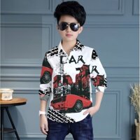 ÁO SƠ MI BÉ TRAI TAY DÀI, VẢI LỤA MỀM MỊN, THOÁNG MÁT, IN 3D KHÔNG PHAI MÀU, HÌNH MÔ TÔ, Ô TÔ , SIZE SX-L TỪ 25-42KG