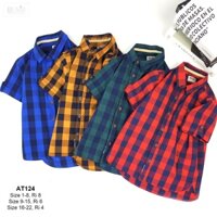 AO SƠ MI BÉ TRAI TAY NGẮN SỌC CA RÔ TO BỐN MÀU XANH, CAM ĐẤT, RÊU , ĐỎ CHO BÉ 10-24kg