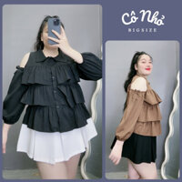 Áo Sơ Mi Bigsize Nữ Dáng Babydoll Tay Dài Trễ Vai Xếp Tầng Vải Xốp Đôi Mềm Bigsize Conho SM166