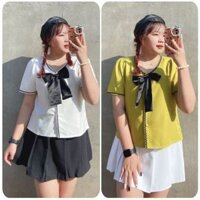 Áo sơ mi Bigsize nữ tay ngắn viền kết hợp nơ xinh xắn chất mát mẻ cho mùa hè thoải mái vận động SM5