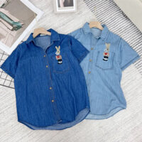 Áo Sơ Mi Bò Cộc Tay 1 Túi Thêu Thỏ Xinh Xắn From Rộng Vừa, Sơ Mi Jean Tay Ngắn Rộng Vừa