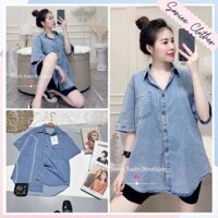 Áo sơ mi bò cộc tay, áo sơ mi nữ ngắn tay có túi ngực vạt tròn vải denim dáng rộng Saniee Clothes