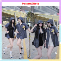 Áo sơ mi bò cộc tay form dáng rộng, hoạ tiết logo full kín áo nổi bật kèm gấu xinh xắn, dễ thương