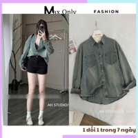 Áo sơ mi bò dài tay form dáng rộng, màu xanh basic phối 2 túi ngực nổi bật, thời trang nữ trẻ trung, hottrend