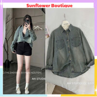 Áo sơ mi bò dài tay form dáng rộng phối 2 túi ngực nổi bật, màu xanh basic trẻ trung, hot hit