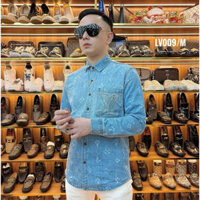 Áo Sơ Mi Bò Nam 688 Lệ Vi Logo Thêu Túi Ngực Vân Mono Xanh Nước Biển Đơn Giản Chất Liệu Vải Bò Mặc Siêu Bền