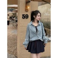 Áo Sơ Mi Bò Nữ Denim Dài Tay Thêu Ngựa Dáng Rộng Giấu Quần Trùm Mông QCCC Cao Cấp
