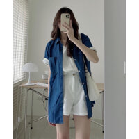 Áo sơ mi bò nữ tay lỡ 2 túi trước dáng dài dấu quần trẻ trung cá tính phong cách hàn quốc