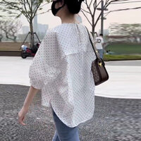 Áo Sơ Mi Buộc Dây Lưng Rộng Rãi Cổ Tròn Mẫu Mới Mùa Hè Áo Sơ Mi Nữ Ngắn Tay Chấm Bi Phối Viền Bèo N