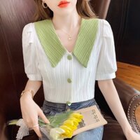 Áo sơ mi cách điệu nút bọc  vải dập nổi cổ vuông cao cấp