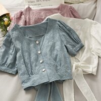 Áo sơ mi cardigan cổ điển họa tiết chìm tay bồng ngắn tay dáng croptop B353