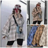 Áo sơ mi caro cánh dơi form rộng oversize túi lệch nắp 4 màu Lovi - Xanh dương