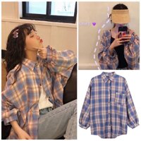 Áo Sơ Mi Caro NQ30 Tay Bồng Form Rộng Nữ Ullzang - Caro xanh tím,Xl