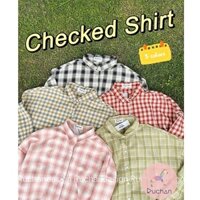 Áo sơ mi caro nữ form rộng RUCHAN kiểu tay dài kẻ sọc oversized có cổ khoác ngoài thiết kế nhiều màu thời trang