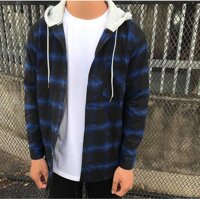 Áo sơ mi caro phối nón - Flannel nón unisex nam nữ phong cách hàn quốc vải dày mịn Xanh dương - XL