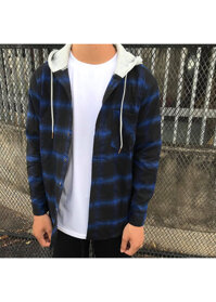 Áo sơ mi caro phối nón - Flannel nón unisex nam nữ phong cách hàn quốc vải dày mịn Xanh dương - L