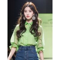 Áo sơ mi chấm bi thời trang phong cách nhóm nhạc Dopamine, áo polo phong cách Mambo bạc hà, trang phục nữ năm nay