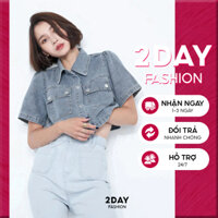 Áo sơ mi chất jean dáng cộc Croptop ngắn tay Áo denim nữ hai nắp túi ngực 2Day