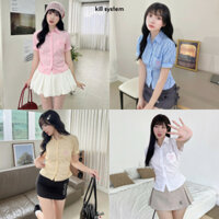 Áo sơ mi chiết eo cột nơ Junhee có túi tim thêu hình nơ và thỏ - Killsystem