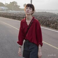 Áo sơ mi chiffon dài tay cho phụ nữ, thiết kế mới mùa xuân và mùa thu, áo đỏ rượu vang, áo blouse phong cách retro cao cấp