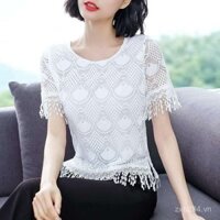 Áo sơ mi chiffon ngắn tay ren mới cho phụ nữ mùa hè 2025, áo khoác chiffon màu trơn có lỗ, áo ngắn tay có tua rua, áo ren cổ tích