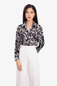 Áo sơ mi chiffon nữ tay dài hoạ tiết trắng đen