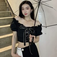 Áo sơ mi chiffon tay ngắn hở cổ tay phồng phối buộc dây thắt nơ phong cách Hàn Quốc ngọt ngào quyến rũ cho nữ