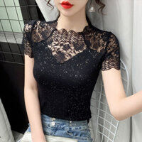 Áo sơ mi cơ bản ren rỗng mùa hè, thời trang, sexy, nữ tính, tay ngắn, màu đen, áo ren đa năng cho phụ nữ