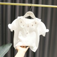 Áo sơ mi cổ búp bê cho bé gái, cotton nguyên chất, viền ren, áo búp bê cho trẻ nhỏ