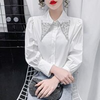 Áo sơ mi cổ búp bê đính hạt cho phụ nữ, áo tay phồng rộng rãi mới mùa thu, áo trắng phong cách