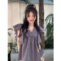 Áo Sơ Mi Cổ Chữ V Không Tay Nhún Bèo Họa Tiết Kẻ Sọc Caro Thiết Kế Mới Thời Trang Mùa Hè