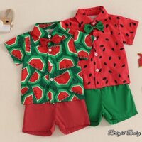 Áo sơ mi cổ có nút cổ có nút họa tiết dưa hấu mùa hè cho bé trai có quần short
