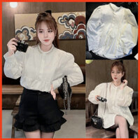 Áo sơ mi cổ đá nữ xếp ly ngực dài tay bo gấu dáng babydoll giấu quần xinh xắn tiểu thư dễ thương