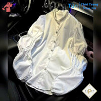 Áo Sơ Mi Cổ Đính Đá Tay Bo Chun. Áo Sơ Mi Dài Tay Dày Dặn Thời Trang Nữ Tính