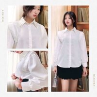 Áo sơ mi cổ đính ngọc trắng dài tay bèo vai tiểu thư sang trọng Áo kiểu nữ công sở dáng rộng bánh bèo xinh T501G